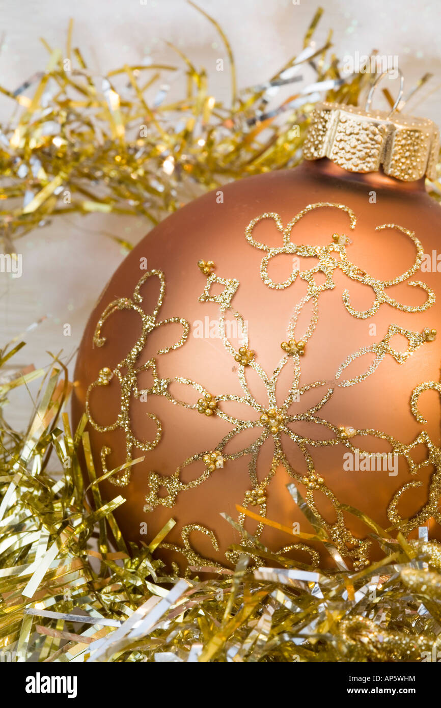 Christmas festive decorations bauble`s ribbon and tinsel to decorate tree Stock Photo